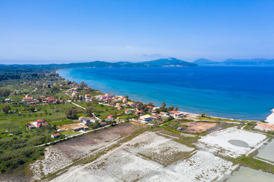 Aerial drone view of Lefkimmi Salt Flats, in corfu island, Greece