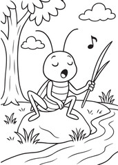 Coloring book cricket sits on a rock by a stream, serenely singing while holding a blade of grass
