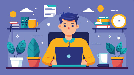 Cartoon Man Working on Laptop at Desk with Books, Plants, and Coffee Mug