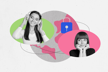 Creative design composite artwork collage of earth planet map lock protection portrait two young lady smile wear headphones listen music