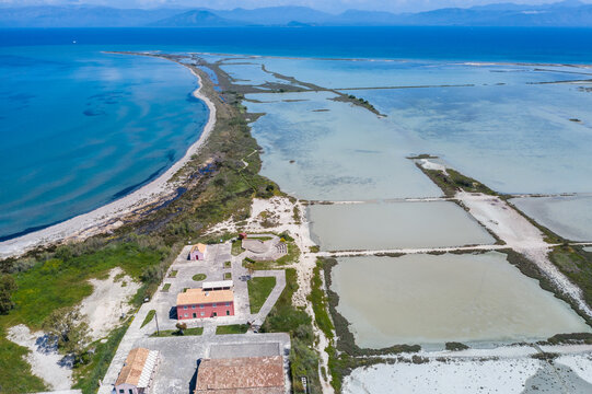 Aerial drone view of Lefkimmi Salt Flats, in corfu island, Greece