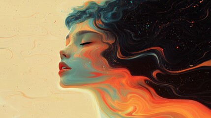Dreamy ethereal visage with flowing colors and a celestial style serene profile with closed eyes