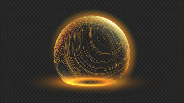 Gold sphere shield in 3d dome effect with tech globe ball for protect secure bg. Abstract light pattern by planet energy and digital line connects global network.