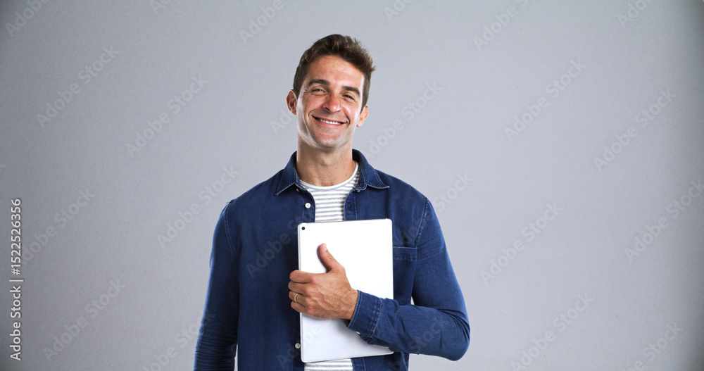 Poster tablet, student and smile with portrait in studio for social media, internet and website app. happy,