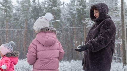 Grandmother with grandchildren in warm clothes playing outdoors in winter park, enjoying snowy...