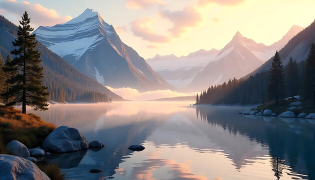 Serene Sunrise Over Snowy Mountains &ndash; 3D Landscape