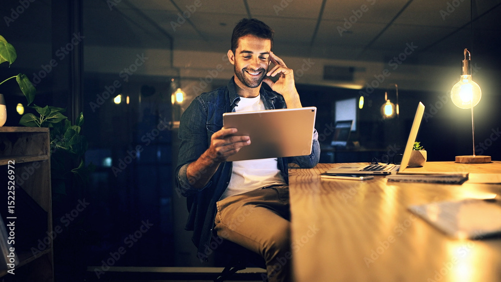 Poster dark, smile and man in office, tablet and email with graphic designer, internet and web proposal. pe