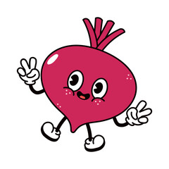 This cute Beetroot character is making a peace sign while smiling happily.