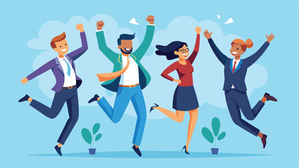 Four Business People Jumping With Joy Illustration Expressing Success and Company Victory