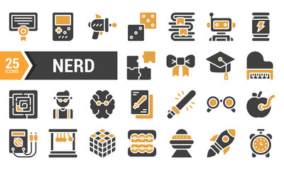 A set of 25 glyph icons for the word Nerd in two colors.