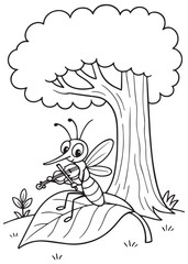 Coloring book mosquito sits on a large leaf, happily playing a violin under a tree.