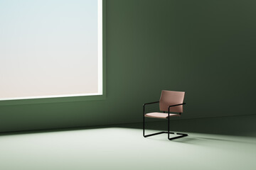 Minimalist 3D chair design in modern green room setting