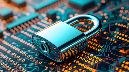 Cyber Security  Padlock on Circuit Board