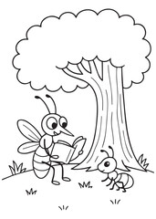 Coloring book mosquito sits under a tree, happily reading a book to an attentive ant