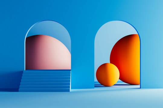 Vibrant 3D design featuring geometric shapes and colorful arches