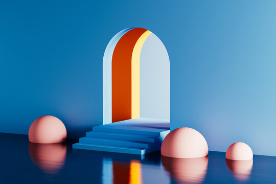 Vibrant 3D archway and geometric shapes in tranquil space