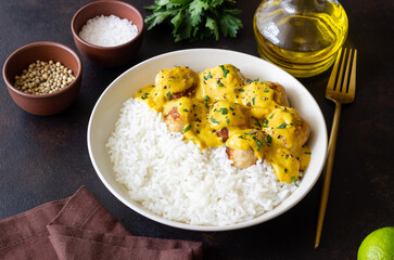 Meatballs in curry sauce with rice. Healthy food. Recipe.