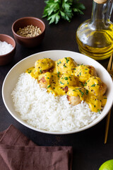 Meatballs in curry sauce with rice. Healthy food. Recipe.