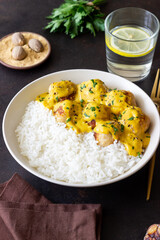 Meatballs in curry sauce with rice. Healthy food. Recipe.