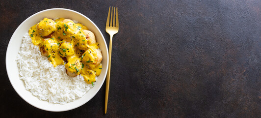 Meatballs in curry sauce with rice. Healthy food. Recipe.