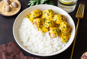 Meatballs in curry sauce with rice. Healthy food. Recipe.