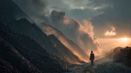 Obraz premium Dusty Industrial Landscape with a lone figure walking towards a bright sunset