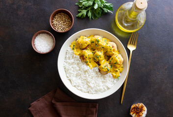 Meatballs in curry sauce with rice. Healthy food. Recipe.