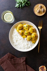 Meatballs in curry sauce with rice. Healthy food. Recipe.
