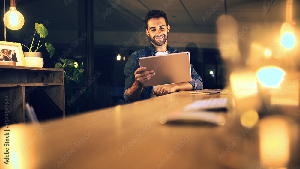 Poster night, business and man in office, tablet and smile with graphic designer, internet and web proposal