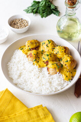Meatballs in curry sauce with rice. Healthy food. Recipe.