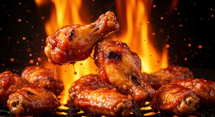Close Up Of Grilled Chicken Wings with Orange Sauce on a Black Grill with Orange Flames in the Background