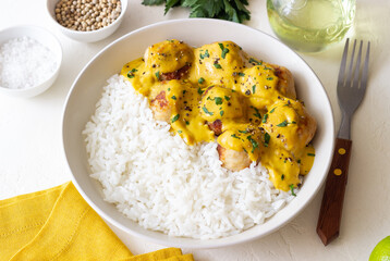 Meatballs in curry sauce with rice. Healthy food. Recipe.