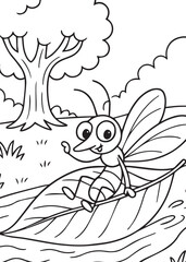 Coloring book mosquito joyfully floats downstream on a large leaf