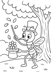 Coloring book mosquito magician, wearing a top hat, performs a trick with a wand and a flower appearing from his hat.