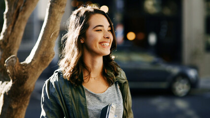 Happy woman, tourist and travel in city street for funny sightseeing, adventure or outdoor journey....