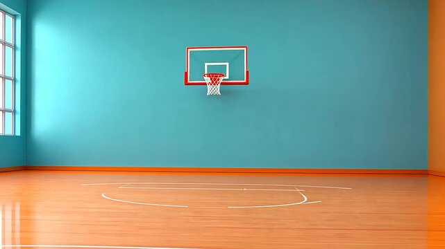 Indoor Basketball Court: Teal Walls, Orange Floor, Minimalist Design