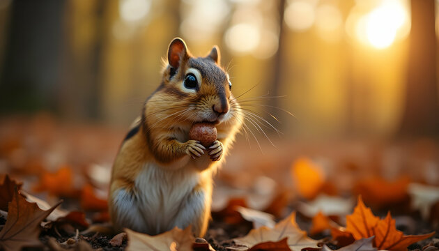 Adorable chipmunk holding a nut in its paws surrounded by autumn leaves