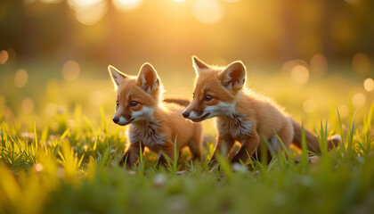 Adorable fox cubs in a sunlit meadow, showcasing the beauty of nature