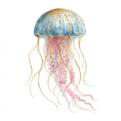 Glimmering Jellyfish Underwater Watercolor Illustration with Gold Accents on White