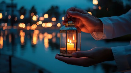 Warm and Inviting Ramadan Lantern with Soft Flickering Light Held Gently in Hands Against a Beautiful Evening Backdrop