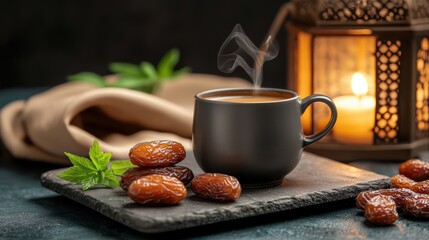 Warm Cup of Arabic Coffee and Dates Celebrating the Spirit of Ramadan with Soft Light and Fresh Mint Leaves