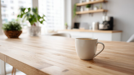 Fototapeta premium A white ceramic coffee cup sits on a wooden table in a modern kitchen. Green plants are visible in the background, creating a cozy atmosphere.