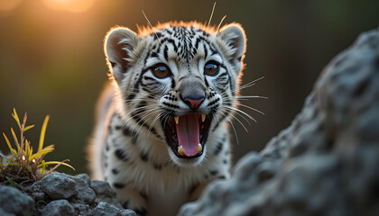 Adorable snow leopard cub roaring in the wilderness at sunset, full of life