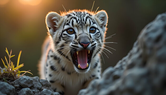Adorable snow leopard cub roaring in the wilderness at sunset, full of life