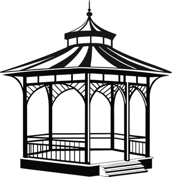 recommend clip art: Intricate Black and White Line Art of an Ornate Gazebo – Elegant Outdoor Pavilion with Ironwork Architecture