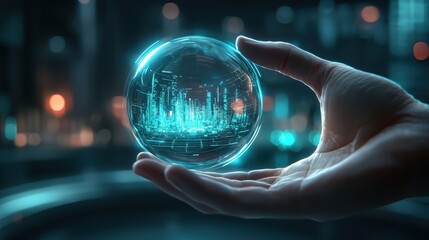 A Hand Holding a High-Fidelity Camera Lens Showcasing a Sharp Display of Digital Data in a Futuristic Setting