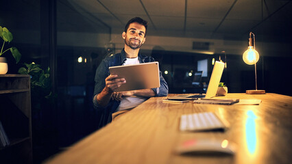 Dark, business and man with tablet, portrait and app with graphic designer, internet and ideas....