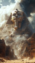 Ancient structure emerging from smoky desert High Resolution Picture