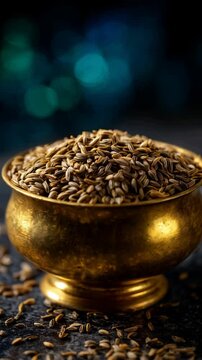 Cumin seeds in a small ornate gold bowl, with bokeh effect background, on a dark slate surface, shot in vertical composition.