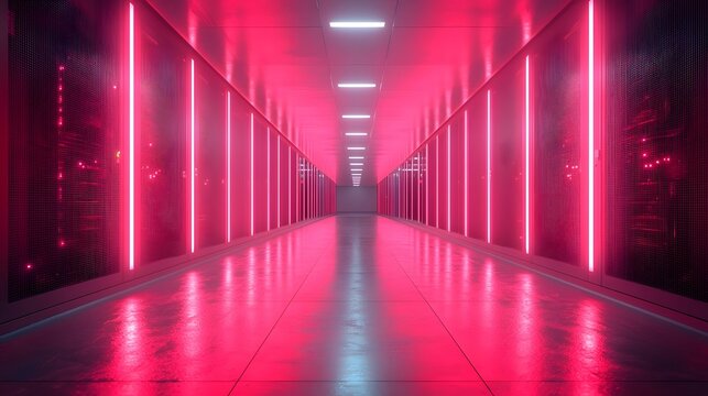 Neon lit data center with a quantum supercomputer processing business transactions